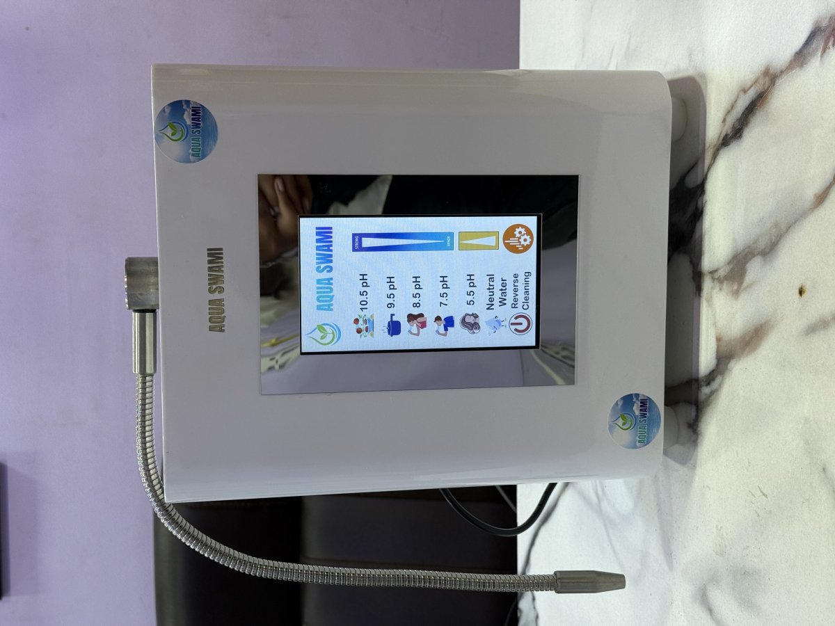 💧 AQUA SWAMI – 7 Plate Platinum Water Ionizer  ✨ Touch Screen Display सह आधुनिक तंत्रज्ञान!  ⚙️ Technical Highlights / तांत्रिक वैशिष्ट्ये:  🔹 Model: AQUA SWAMI – Premium Alkaline Water Ionizer 🔹 Plates: 7 Platinum Coated Titanium Plates 🔹 Display: Smart 