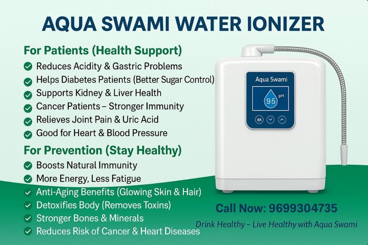 💧 AQUA SWAMI – 7 Plate Platinum Water Ionizer  ✨ Touch Screen Display सह आधुनिक तंत्रज्ञान!  ⚙️ Technical Highlights / तांत्रिक वैशिष्ट्ये:  🔹 Model: AQUA SWAMI – Premium Alkaline Water Ionizer 🔹 Plates: 7 Platinum Coated Titanium Plates 🔹 Display: Smart 