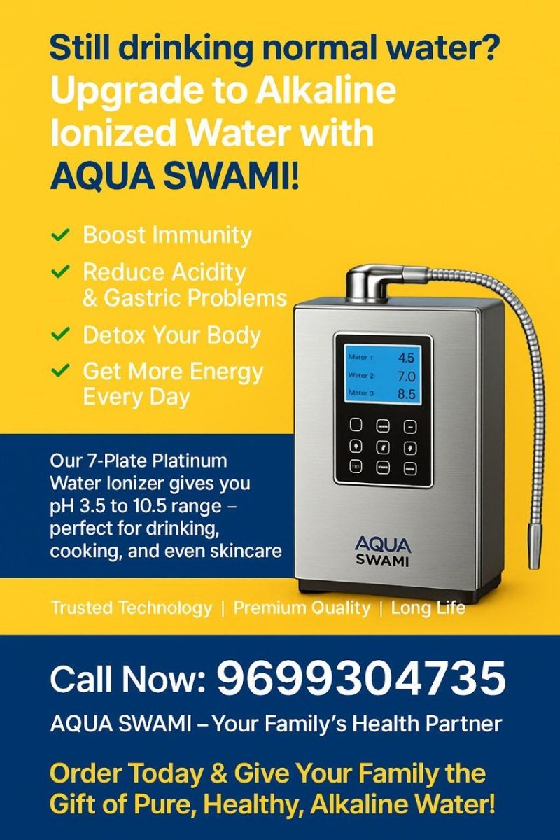 💧 AQUA SWAMI – 7 Plate Platinum Water Ionizer  ✨ Touch Screen Display सह आधुनिक तंत्रज्ञान!  ⚙️ Technical Highlights / तांत्रिक वैशिष्ट्ये:  🔹 Model: AQUA SWAMI – Premium Alkaline Water Ionizer 🔹 Plates: 7 Platinum Coated Titanium Plates 🔹 Display: Smart 