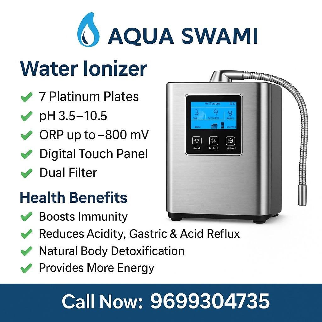 💧 AQUA SWAMI – 7 Plate Platinum Water Ionizer  ✨ Touch Screen Display सह आधुनिक तंत्रज्ञान!  ⚙️ Technical Highlights / तांत्रिक वैशिष्ट्ये:  🔹 Model: AQUA SWAMI – Premium Alkaline Water Ionizer 🔹 Plates: 7 Platinum Coated Titanium Plates 🔹 Display: Smart 