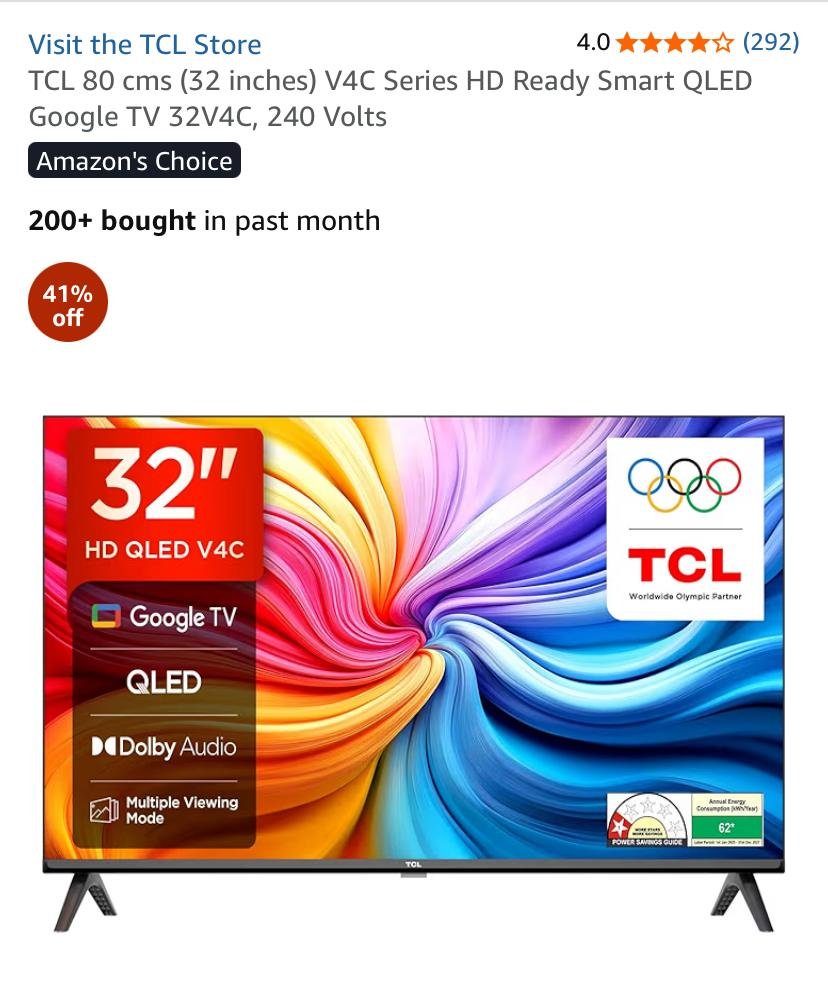 TCL 32INCH HD QLED 32V4C