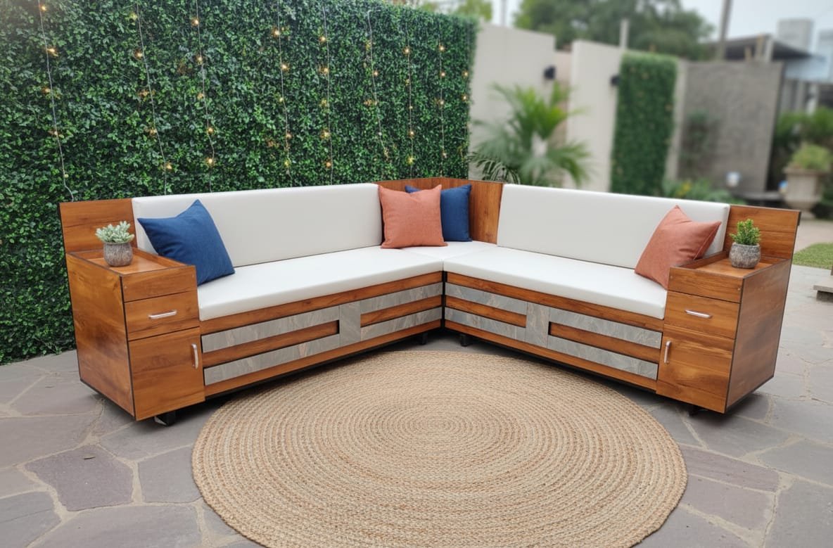 Wooden L Corner Sofa