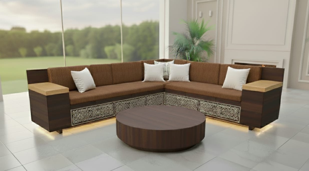 Wooden L Corner Sofa