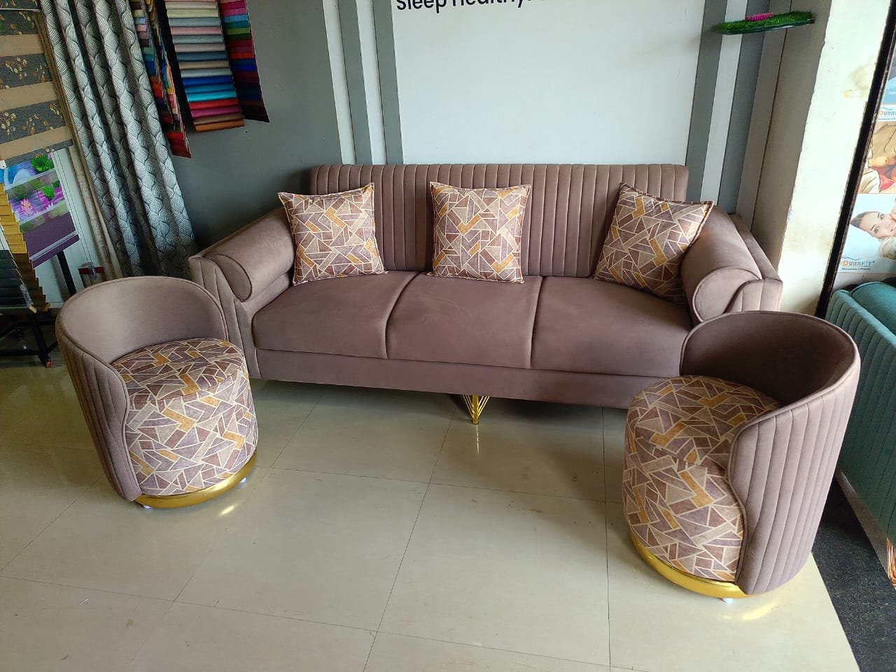 3 Seater Stylish Sofa With 2Round Nano Chairs